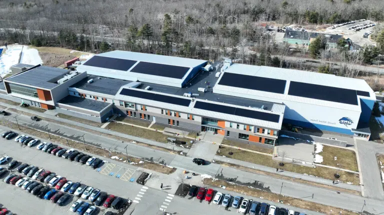 An aerial view of the Alfond Forum's solar panels